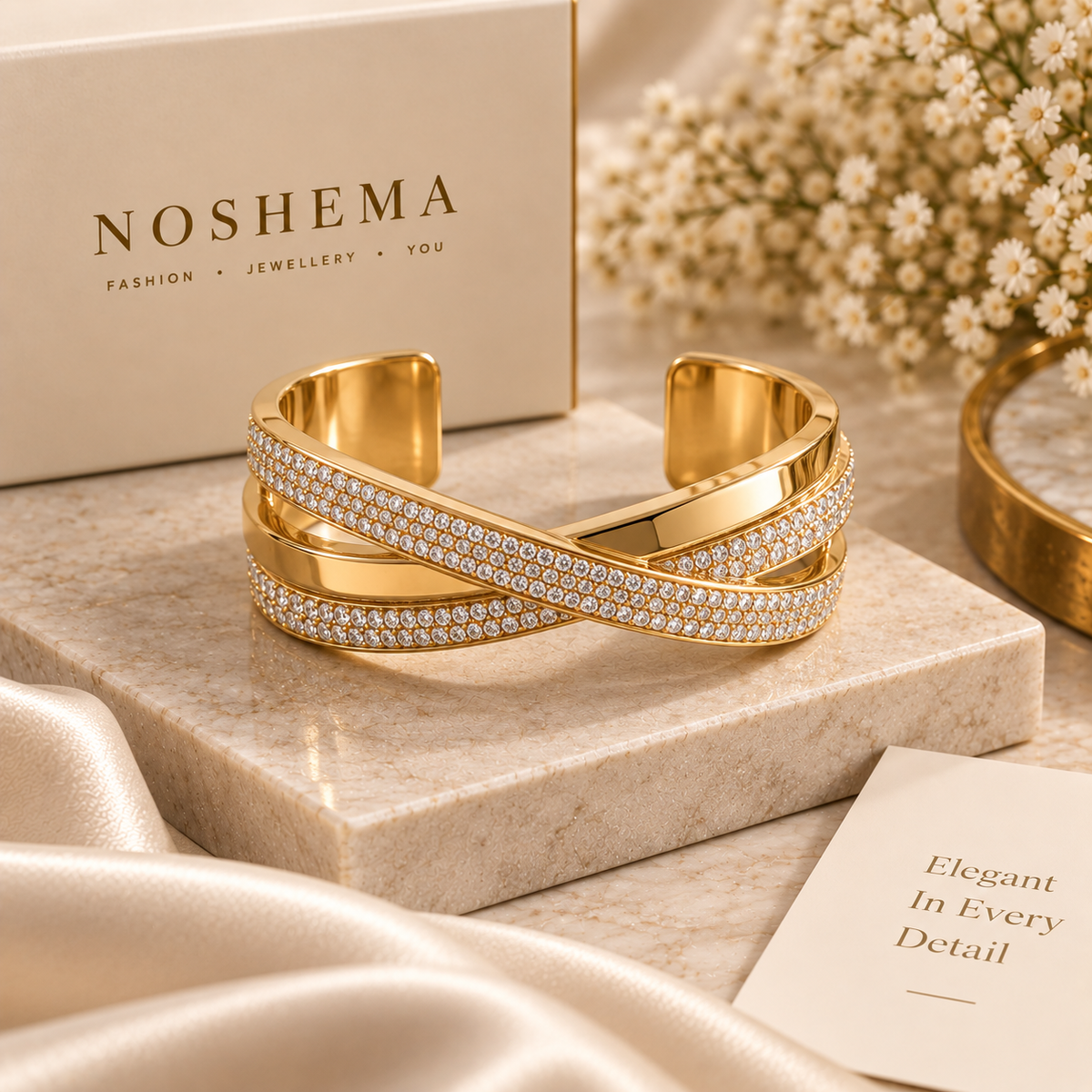 Élan Cuff Bracelet by Noshema — polished gold cuff bracelet with pavé-set sparkling stones