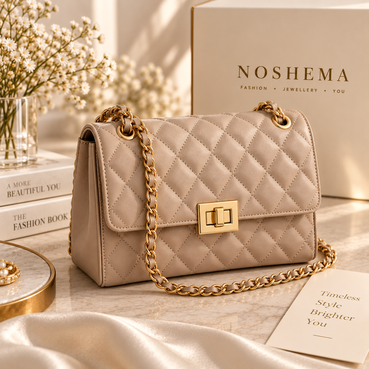Élan Quilted Bag by Noshema — cream taupe quilted shoulder bag with gold chain strap and geometric clasp