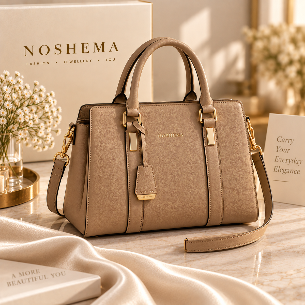 Mira Everyday Satchel by Noshema — taupe camel structured satchel with gold hardware and shoulder strap