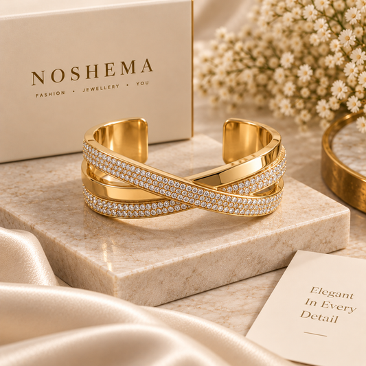 Élan Cuff Bracelet by Noshema — polished gold cuff bracelet with pavé-set sparkling stones