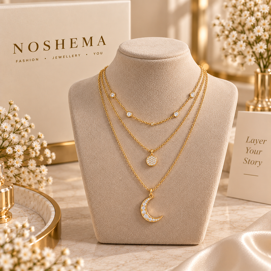 Luna Layered Chain by Noshema — elegant layered gold necklace with sparkling circular and crescent moon pendants
