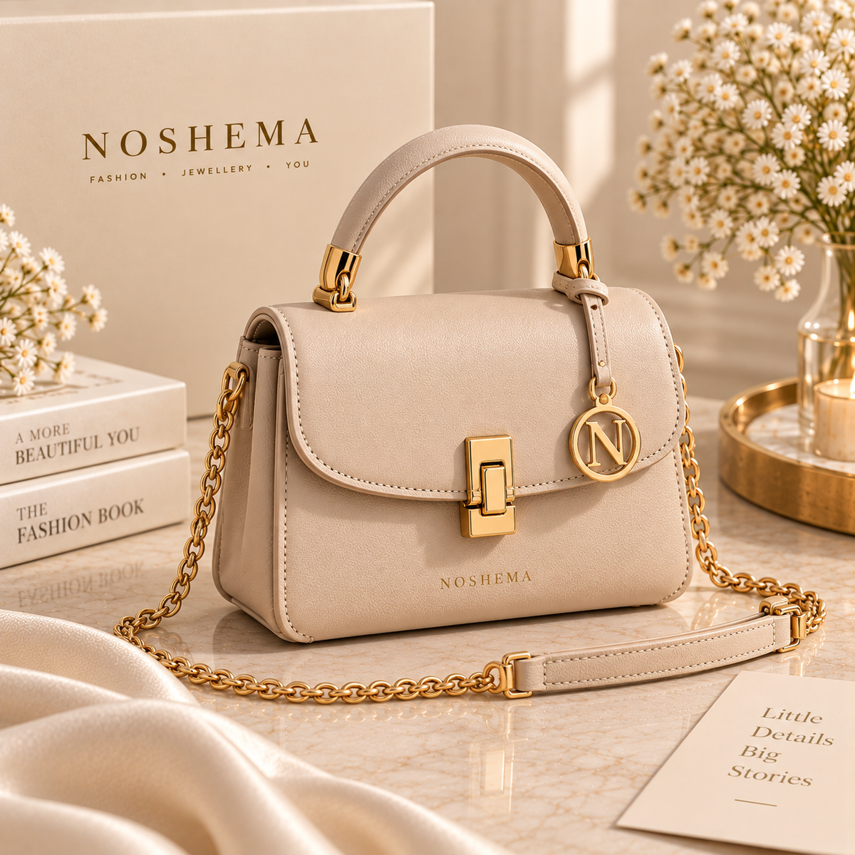 Luna Mini Bag by Noshema — ivory mini handbag with gold hardware and chain strap