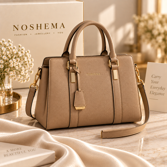 Mira Everyday Satchel by Noshema — taupe camel structured satchel with gold hardware and shoulder strap