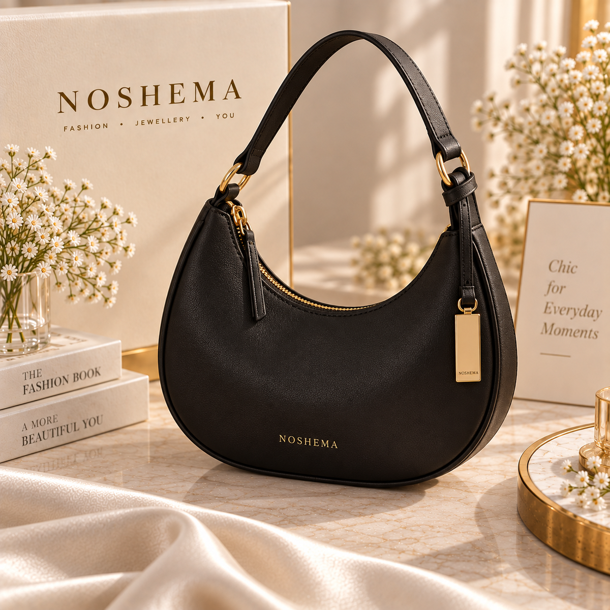 Noir Crescent Bag by Noshema — black crescent handbag with gold hardware and curved shoulder strap