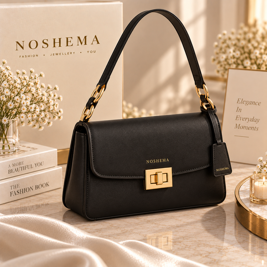 Noir Élan Shoulder Bag by Noshema — structured black shoulder bag with gold hardware and chain accents